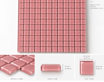 May include: A square sheet of pink glass mosaic tiles featuring a grid of small, transparent, square-shaped pieces. The individual tiles measure 0.90 inches by 0.90 inches with a thickness of 0.24 inches, mounted on a mesh backing sheet.