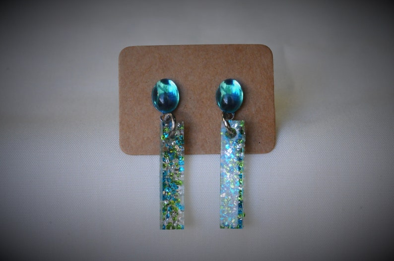 Stainless Steel Dangle Earring ~ 6 mm Blue Green Silver Sequin Earring BLUE DANGLE Earring Rectangular Earring