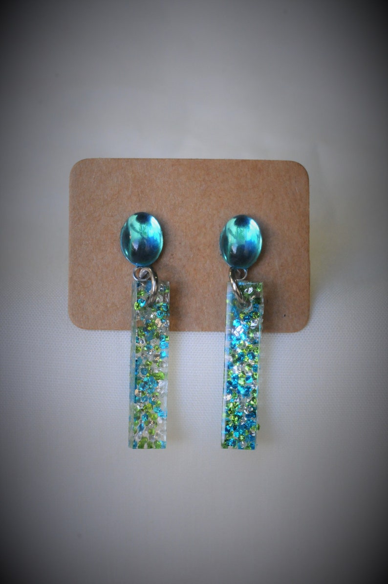 Stainless Steel Dangle Earring ~ 6 mm Blue Green Silver Sequin Earring BLUE DANGLE Earring Rectangular Earring