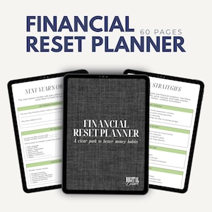 Puede incluir: Tres tabletas digitales que muestran un planificador de reinicio financiero. La tableta central muestra el título "FINANCIAL RESET PLANNER" y "A clear path to better money habits." Las otras tabletas muestran páginas de planificación financiera.