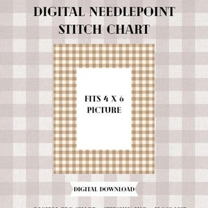 Neutral gingham nålspetsram – 13 mesh – 4x6 bildinsats – PDF-mönster + Stitchly-fil + garnlista ingår
