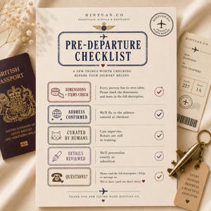 May include: A cream-colored pre-departure checklist card with dark blue text, featuring a British passport, a boarding pass, and a gold airplane keychain. The checklist includes sections for dimensions, address, human curation, details, and questions.