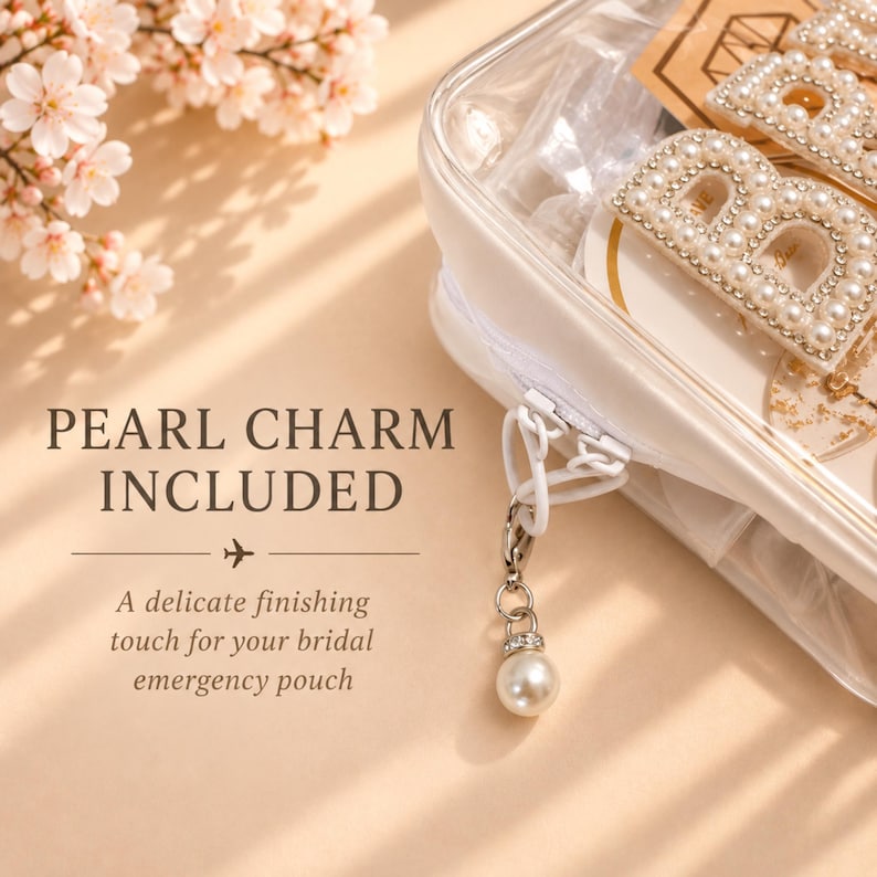 Close-up of a bridal emergency kit featuring a clear wedding essentials pouch with an elegant pearl charm attached to the zipper. Styled on a champagne-beige background with delicate cherry blossoms and soft natural lighting. Text reads “Pearl Charm Included – A delicate finishing touch for your bridal emergency pouch.”