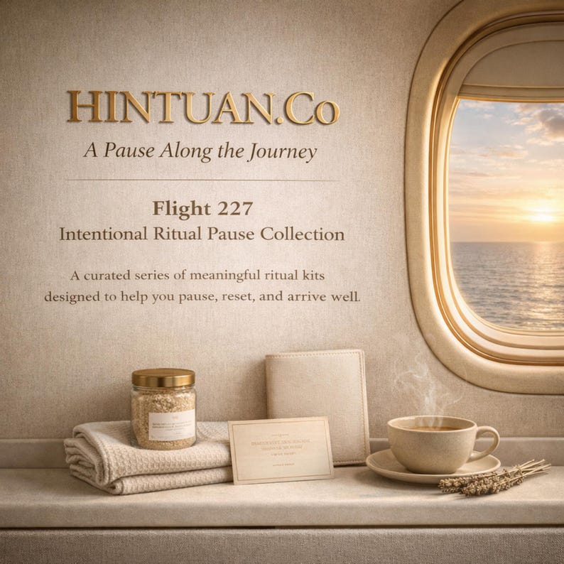 Hintuan.Co Flight 227 Intentional Ritual Pause Collection brand slide showing curated ritual kit with glass jar, folded towel, notebook and teacup against ocean window — bridal emergency kit brand story and wedding day survival kit by Hintuan.Co