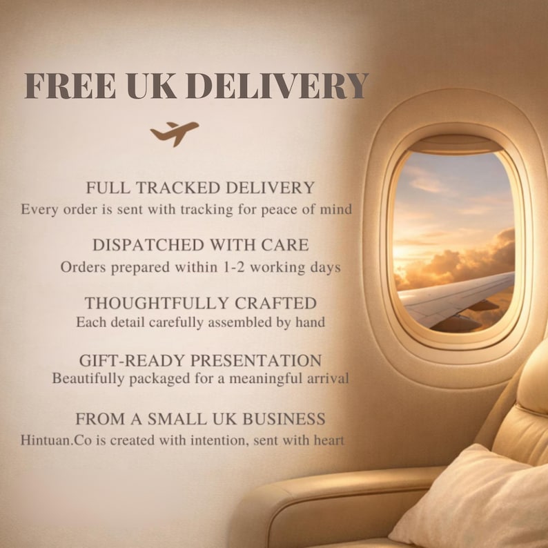 Free UK delivery graphic for Hintuan.Co gift boxes — plane window seat view with sunset clouds, listing full tracked delivery, 1–2 day dispatch, handcrafted details, and gift-ready packaging