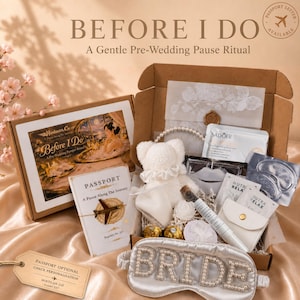 May include: A gift box set titled Before I Do containing a white plush bear, a sleep mask with pearl-embellished BRIDE text, a passport-style booklet, a lip mask, skincare packets, a small white pouch, and gold-wrapped chocolates.