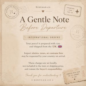 Hintuan.Co vintage Departure Notice card on aged parchment with postage stamp details explaining international orders are shipped from the UK and that import duties and customs fees remain the buyer's responsibility — international shipping notice for bridal emergency kit and bride to be gift box