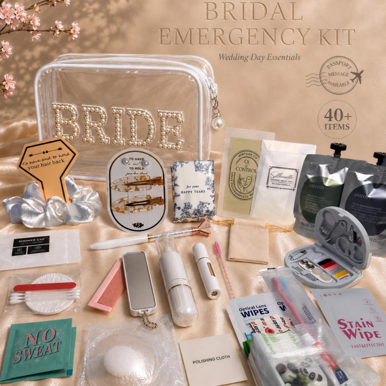 Bridal emergency kit display on beige background with the word “BRIDE” on a clear bag, labeled essentials and items like blister packs, bottles, wipes, stain remover, and a “40+ items” badge.