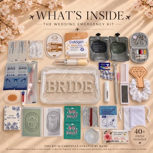 Flat lay bridal emergency kit on champagne satin showing pearl-studded BRIDE clear pouch in centre surrounded by 40 plus or more wedding essentials including sewing kit, compact mirror, comb, scrunchie, hair clips, stain wipe, tissues, lip balm, toothbrush, deodorant, nail tools, cotton pads and mini toiletries — bride essentials kit and wedding day essentials gift
