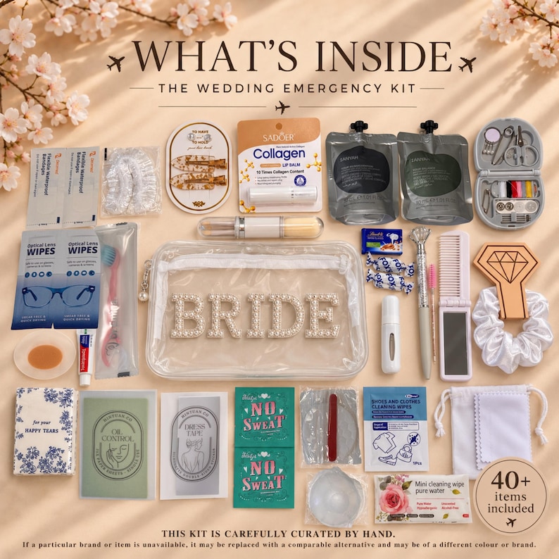 Flat lay bridal emergency kit on champagne satin showing pearl-studded BRIDE clear pouch in centre surrounded by 40 plus or more wedding essentials including sewing kit, compact mirror, comb, scrunchie, hair clips, stain wipe, tissues, lip balm, toothbrush, deodorant, nail tools, cotton pads and mini toiletries — bride essentials kit and wedding day essentials gift