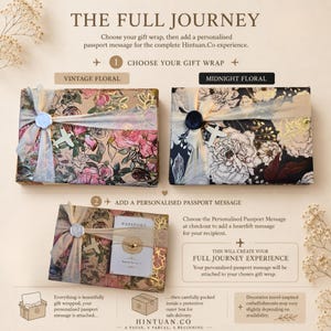 May include: Gift wrapping options featuring Vintage Floral and Midnight Floral paper, tied with sheer ribbon, a wax seal, and a small airplane charm. Includes a personalized passport message card with a gold heart detail, presented by Hintuan.Co.