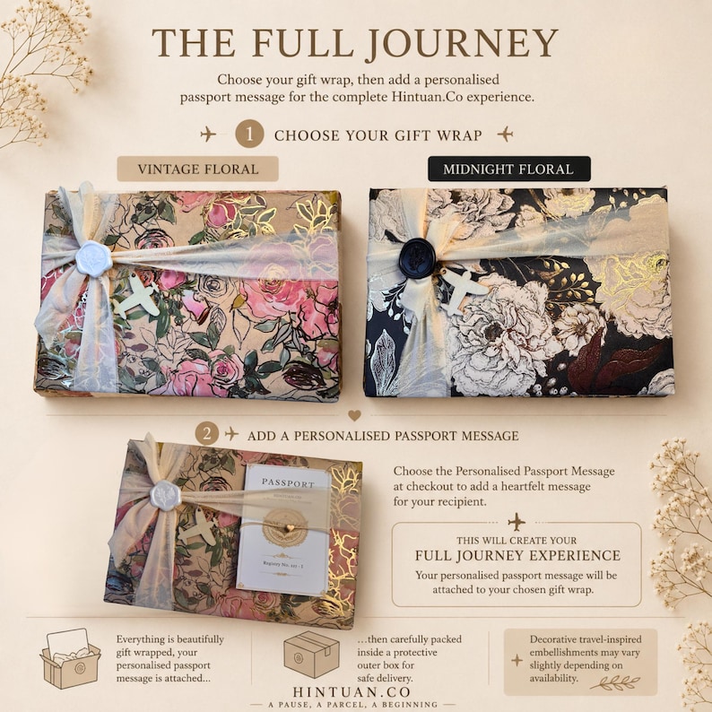 May include: Gift wrapping options featuring Vintage Floral and Midnight Floral paper, tied with sheer ribbon, a wax seal, and a small airplane charm. Includes a personalized passport message card with a gold heart detail, presented by Hintuan.Co.