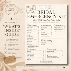 A5 printed Bridal Emergency Kit Menu card listing 40 plus items across care, hair, dress, beauty and personal extras categories on white card with beige text on satin background — included menu keepsake for wedding day survival kit and bridal survival kit