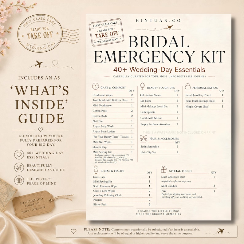 A5 printed Bridal Emergency Kit Menu card listing 40 plus items across care, hair, dress, beauty and personal extras categories on white card with beige text on satin background — included menu keepsake for wedding day survival kit and bridal survival kit