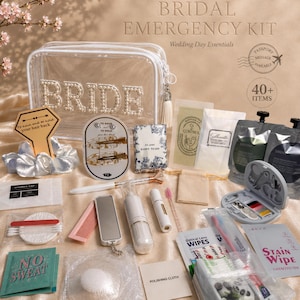 May include: A clear vinyl bag with the word BRIDE in pearl letters, containing over 40 wedding day items including a hair scrunchie, hair clips, sewing kit, stain wipes, optical wipes, mirror, comb, and various personal care essentials.