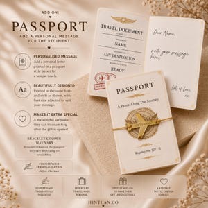Personalised Passport Message add-on showing travel document style layout with custom name, destination and handwritten message for the recipient.