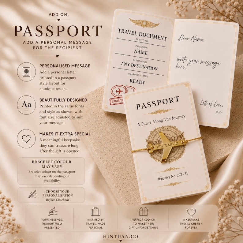 Personalised Passport Message add-on showing travel document style layout with custom name, destination and handwritten message for the recipient.
