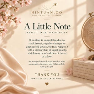 Warm beige product-notice card for HINTUAN.CO with a floral branch, heart-and-arrow icon, globe and gift tags, and text: “A Little Note… THANK YOU FOR YOUR UNDERSTANDING” plus brief replacement and quality guidance.