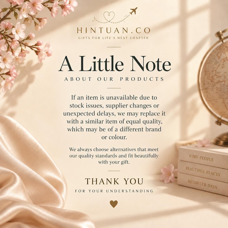 Warm beige product-notice card for HINTUAN.CO with a floral branch, heart-and-arrow icon, globe and gift tags, and text: “A Little Note… THANK YOU FOR YOUR UNDERSTANDING” plus brief replacement and quality guidance.