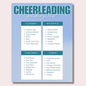 May include: A blue and white checklist for cheerleading packing list. The checklist includes categories for clothing, backpack, toiletries, and extras. The list includes items such as uniform top, uniform bottom, cheer shoes, socks, bow, under garments, team warm-ups, water bottle, headphones, phone, phone charger, wallet/ID, snacks, compact mirror, hair brush, hair ties, hair spray/gel, hair piece, bobby pins, makeup, lashes, deodorant, travel document, cash, first aid kit, change of clothes, non-cheer shoes, makeup remover, chapstick, and tissues.