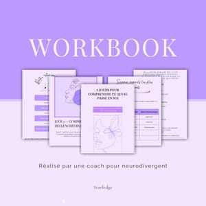 Puede incluir: Un cuaderno de trabajo con un fondo lavanda y la palabra "WORKBOOK" en letras blancas grandes. Las páginas del cuaderno de trabajo tienen diseños en lavanda y blanco, con texto e ilustraciones lineales. El texto incluye "5 JOURS POUR COMPRENDRE CE QUI SE PASSE EN SOI".