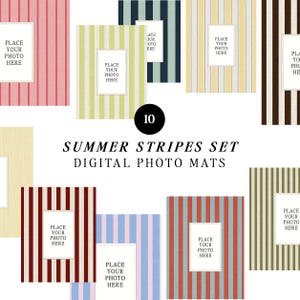 Può includere: Una collezione di passe-partout digitali con vari motivi a righe in rosso, verde, blu e marrone. Ogni passe-partout ha un rettangolo bianco con la scritta "PLACE YOUR PHOTO HERE". È visibile anche il testo "SUMMER STRIPES SET DIGITAL PHOTO MATS".