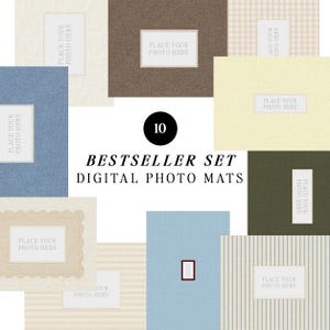 May include: A set of 10 digital photo mats in various colors and textures, including solid blue, brown, yellow, olive green, and patterned designs with stripes or gingham. Each mat features a rectangular placeholder with the text PLACE YOUR PHOTO HERE.