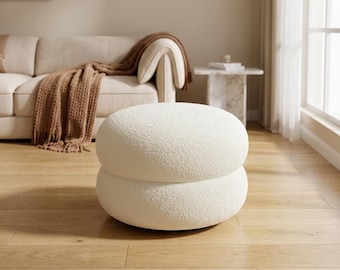 Bouclé Round Ottoman Footstool, Soft Fabric Pouf Seat, Modern Minimalist Living Room Decor, Small Space Foot Rest, Cozy Home Furniture Gift