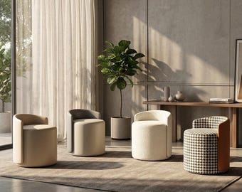 Modern Accent Chair – Minimalist Round Ottoman, Boucle Vanity Stool, Small Space Living Room Chair, Aesthetic Furniture, Gift Idea