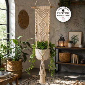 Può includere: Un portapiante in macramè beige con un tassello di legno e perline decorative. Il portapiante contiene un vaso di ceramica bianco pieno di piante verdi. Il design include motivi a diamante e un nappa. Il testo "STEP BY STEP PDF PATTREN" è visibile.