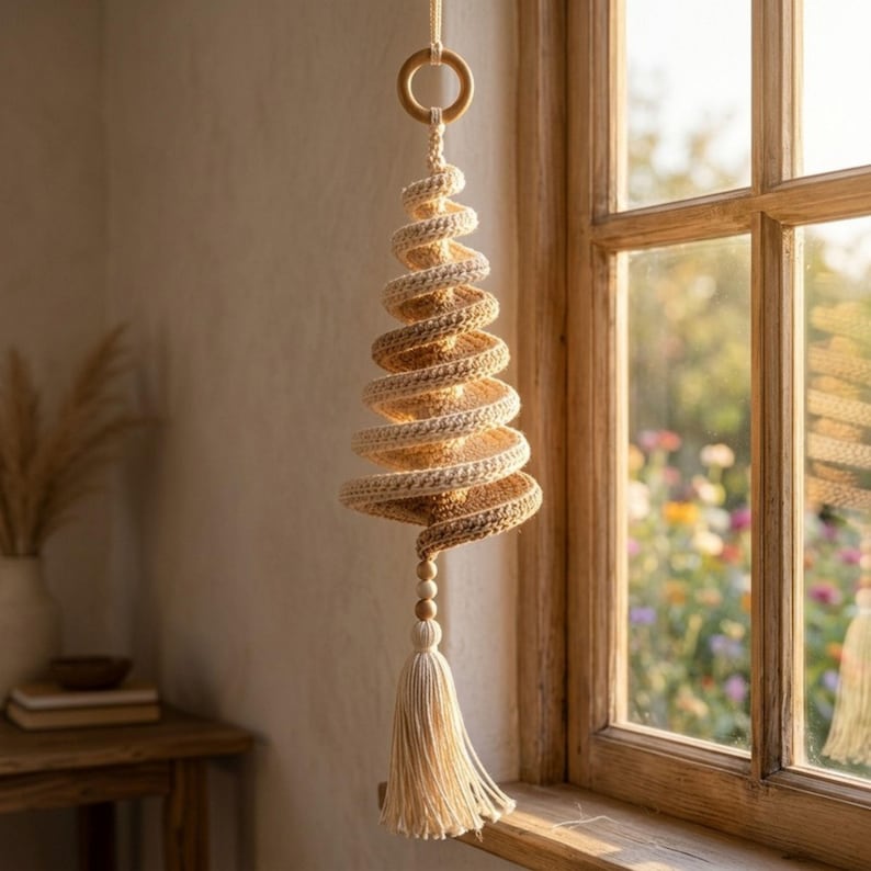 May include: A hanging spiral ornament crafted from cream-colored cord, featuring a conical shape that tapers toward the bottom. The structure is suspended from a wooden ring and finished with a decorative tassel and small wooden beads at the base.