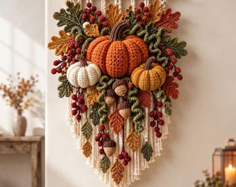 Puede incluir: Un tapiz de pared con una calabaza naranja central, una calabaza blanca más pequeña y una calabaza amarilla, todas tejidas a ganchillo. El arreglo incluye hojas de roble tejidas en verde, naranja y amarillo, racimos de bayas rojas y bellotas.