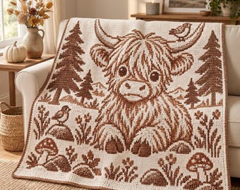 Puede incluir: Una manta de ganchillo rectangular con una ilustración central de una vaca de las tierras altas en marrón y crema. El diseño incluye elementos forestales circundantes como pinos, pájaros pequeños, setas y motivos florales en dos tonos.