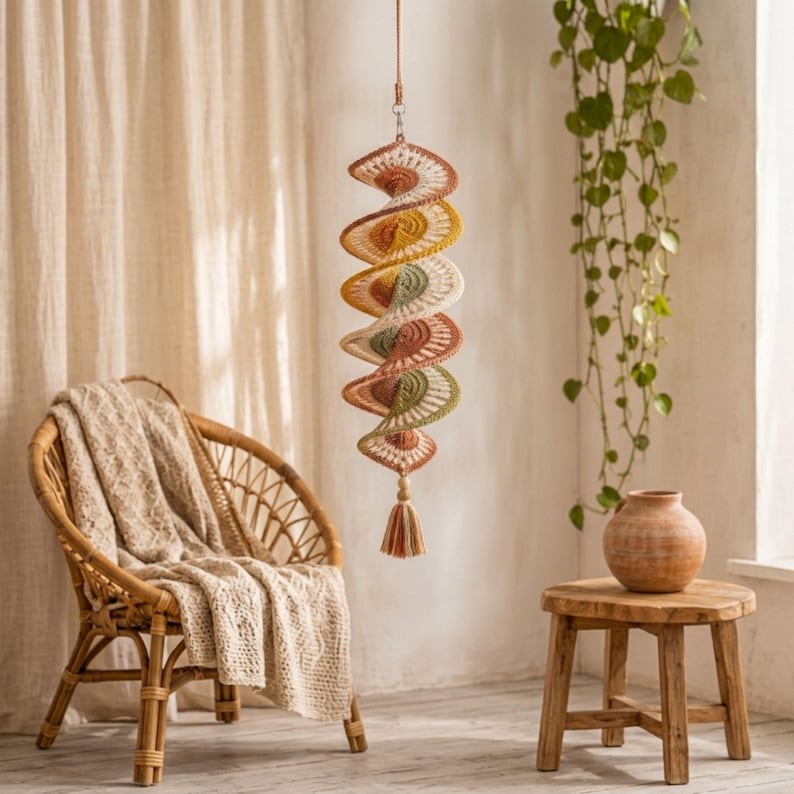 Crochet Wind Spinner Pattern PDF, Boho Twister Spiral Hanging Decor, 3D Crochet Mobile Tutorial, Porch and Home Ornament