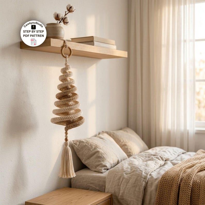 May include: A spiral-shaped hanging decoration made of cream and tan crocheted yarn, suspended from a wooden ring. The ornament features a tapered, conical design with a dangling wooden bead and a long, cream-colored fringe tassel at the bottom.