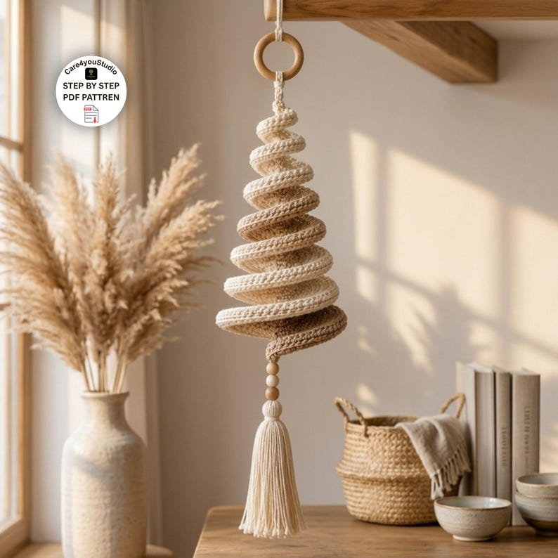 Crochet Spiral Tree Pattern PDF, Modern Boho Wall Hanging Pattern, Twisted Crochet Tree Decor, Wind Spinner Crochet Pattern, Home Decor DIY