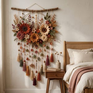 May include: A wall hanging featuring a circular frame suspended from a wooden branch, decorated with crocheted flowers in shades of rust, cream, and brown, accented with green leaves, hanging yarn strands, wooden beads, and colorful fabric tassels.