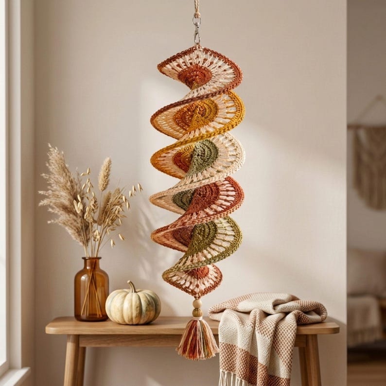Crochet Wind Spinner Pattern PDF, Boho Twister Spiral Hanging Decor, 3D Crochet Mobile Tutorial, Porch and Home Ornament