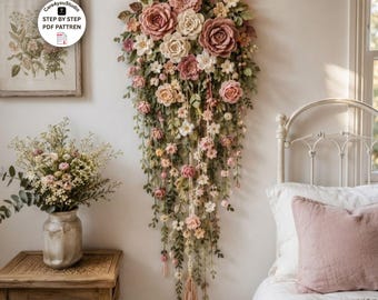 Patrón PDF para colgar flores a crochet en la pared, decoración de cascada de rosas rústicas, decoración floral para el hogar, descarga digital.