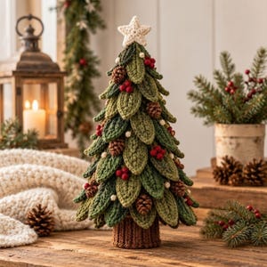 Könnte beinhalten: Ein handgefertigter Weihnachtsbaum aus Häkelarbeit mit geschichteten grünen Blättern, kleinen braunen Tannenzapfen und roten Beerenakzenten. Der Baum ist mit einem cremefarbenen Häkelstern gekrönt und steht auf einem braunen Sockel.