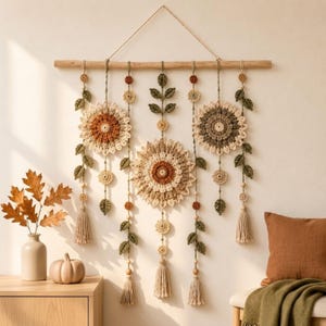 Crochet Wall Hanging Pattern PDF, Boho Floral Mandala with Botanical Leaves and Tassels
