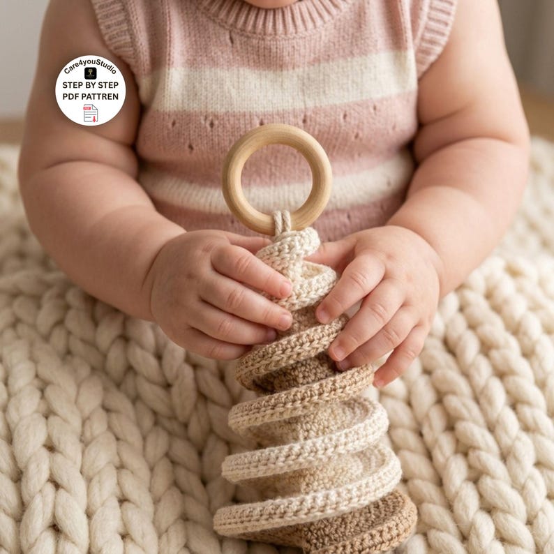 May include: A spiral-shaped crochet toy featuring a natural wooden ring at the top, crafted in alternating shades of cream and beige yarn. The circular text on the image reads Care4youStudio STEP BY STEP PDF PATTREN with a document icon.
