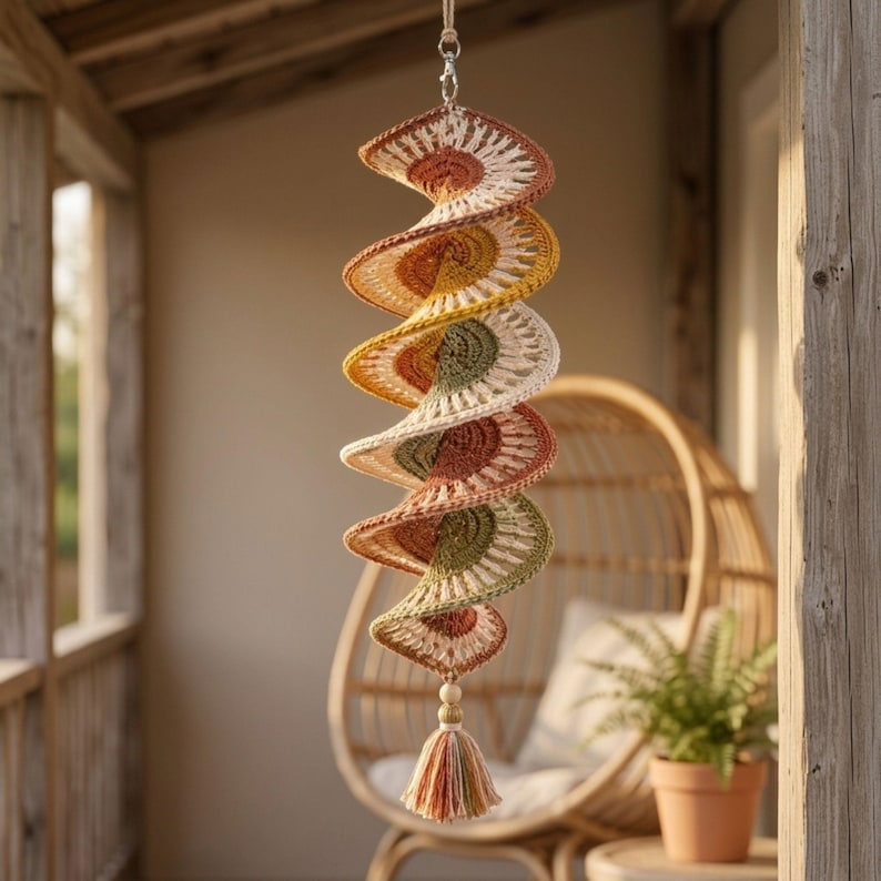 Crochet Wind Spinner Pattern PDF, Boho Twister Spiral Hanging Decor, 3D Crochet Mobile Tutorial, Porch and Home Ornament