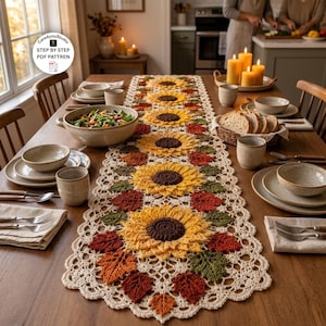 Crochet Sunflower Table Runner Pattern PDF, Farmhouse Floral Lace Runner for Fall Home Decor