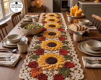 Patrón en PDF para camino de mesa de girasoles a crochet, camino de mesa de encaje floral estilo granja para la decoración del hogar en otoño.