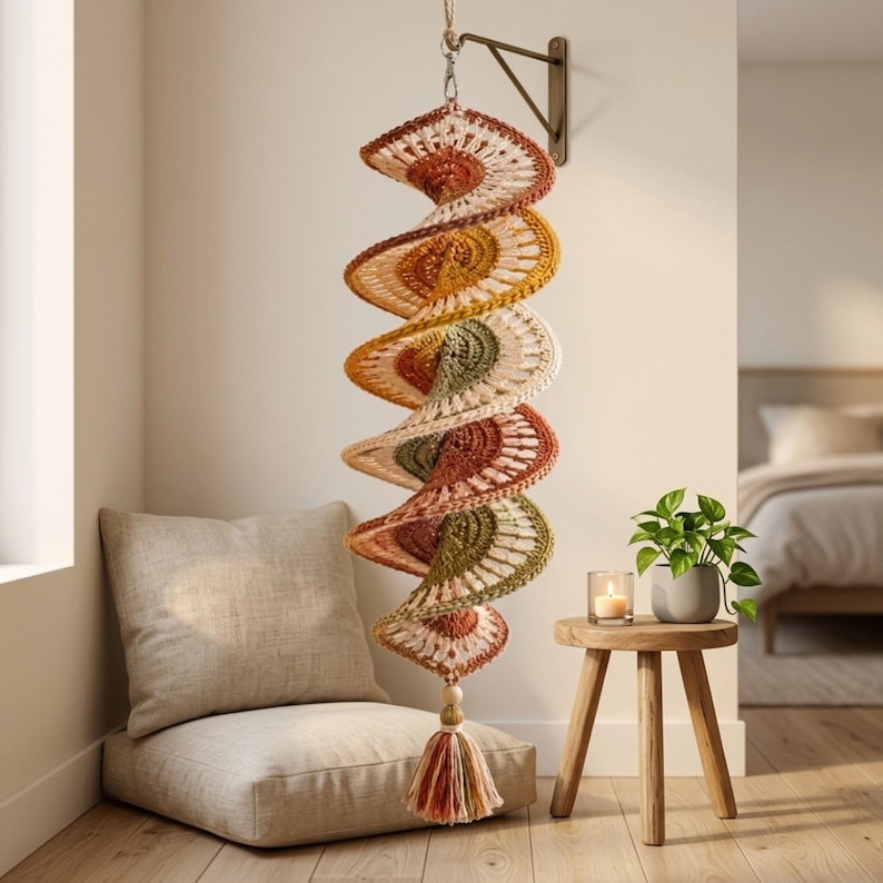 Crochet Wind Spinner Pattern PDF, Boho Twister Spiral Hanging Decor, 3D Crochet Mobile Tutorial, Porch and Home Ornament