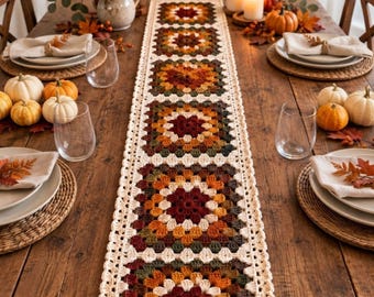 Puede incluir: Un camino de mesa de ganchillo largo y rectangular con un patrón repetitivo de motivos cuadrados en tonos burdeos, naranja, amarillo y verde oscuro, bordeado por un borde festoneado color crema, sobre una mesa de comedor de madera con cubiertos.