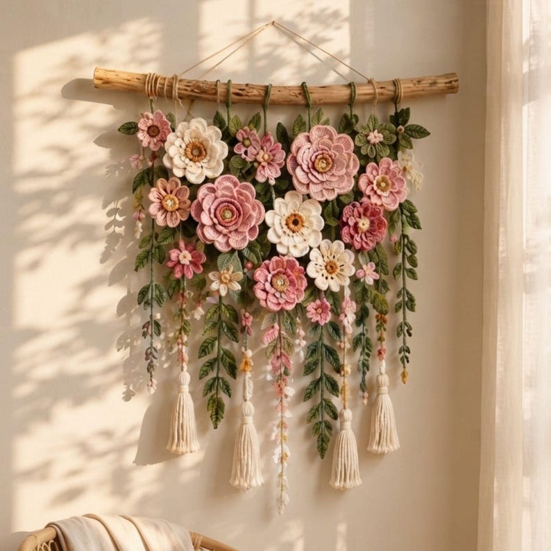 Boho Crochet Floral Wall Hanging Pattern PDF, Botanical Flower Wall ...