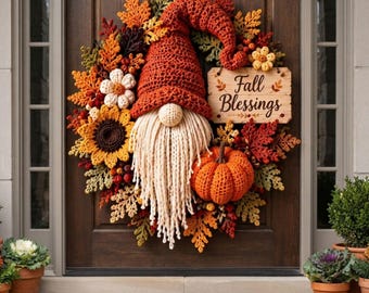 Puede incluir: Una corona de ganchillo con un gnomo de sombrero rojo alto y larga barba color crema. La corona está decorada con hojas, flores y una calabaza de ganchillo en tonos naranja, amarillo y marrón. Un letrero de madera dice Fall Blessings.
