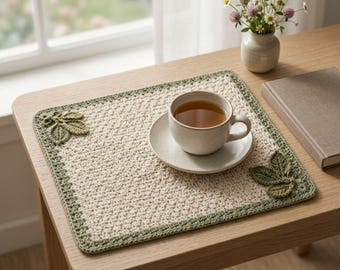 Puede incluir: Un mantel individual cuadrado de ganchillo en color crema con un borde verde salvia, que presenta aplicaciones de hojas tridimensionales en las esquinas. Una taza de té y un platillo de cerámica crema descansan sobre él con té marrón claro.